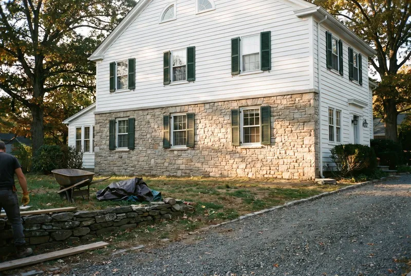 Fieldstone veneer facade on a white colonial in Stamford, CT (sample photo)