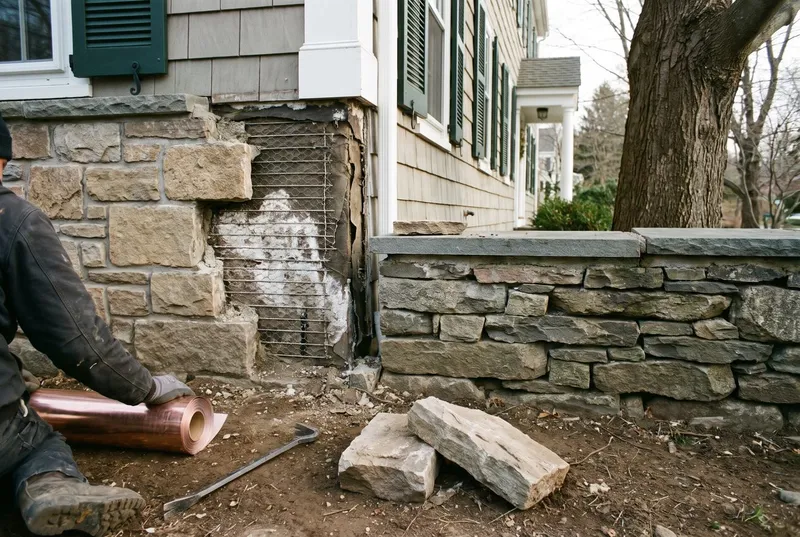 Stone veneer repair and water damage (sample photo)